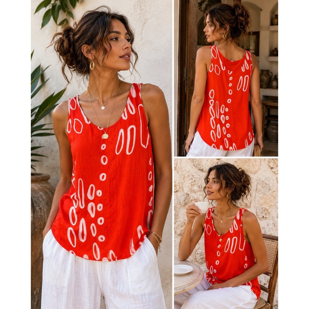 Euro Pop Art Red Orange Tank Top Resort Abstract Artsy Minimalist SZ 8
